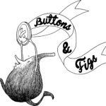 a creature holds a button, ribbon reads Buttons & Figs