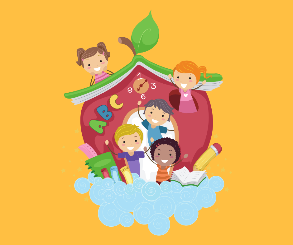 Children in cartoon apple shaped school