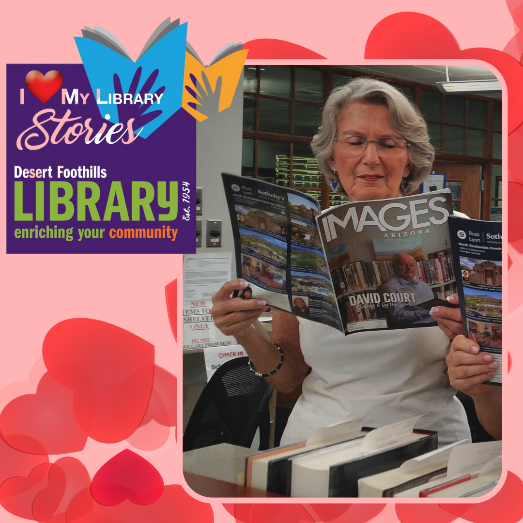 Annis Volunteer holding Images Arizona Magazine while working at the circulation desk