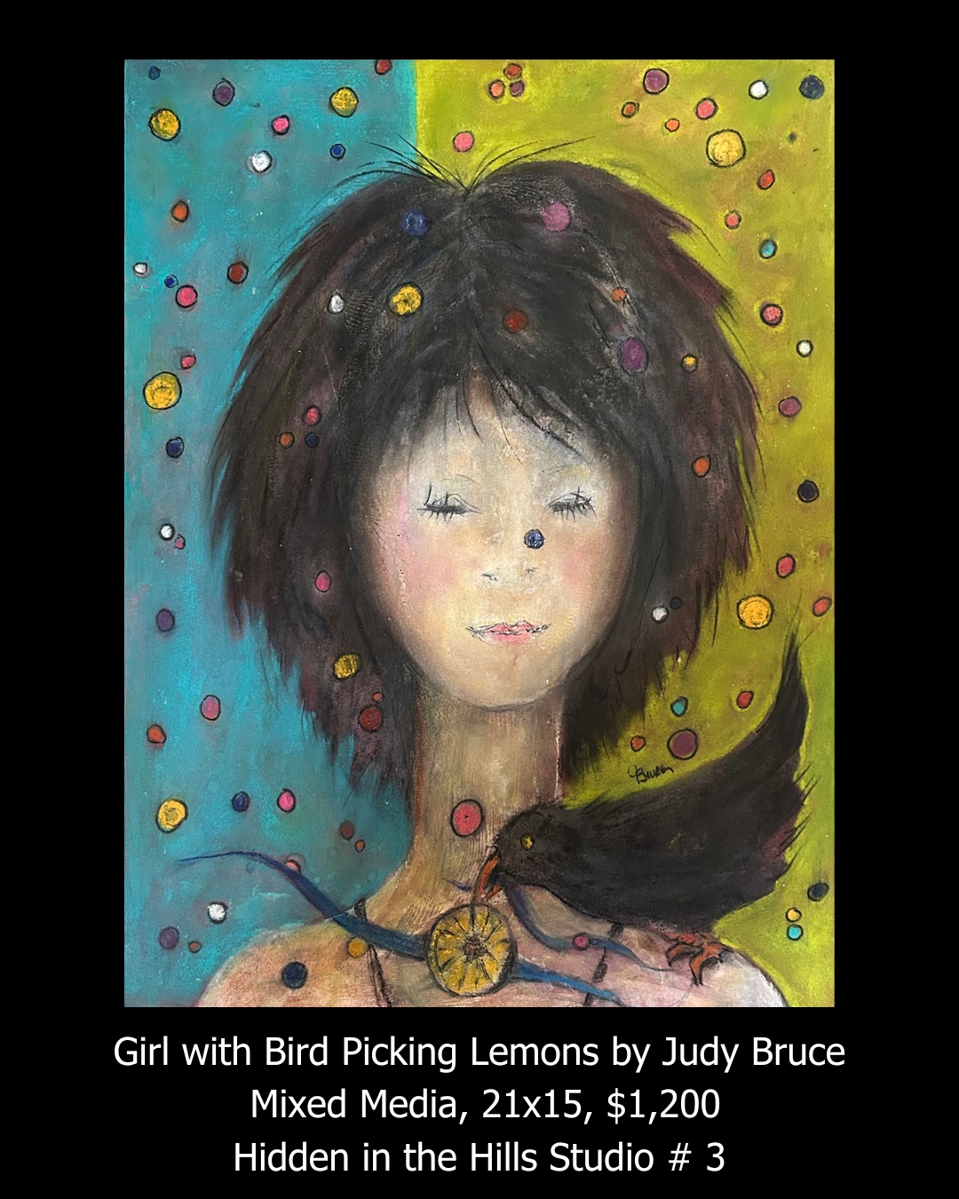 Girl with Bird Picking Lemons by Judy Bruce