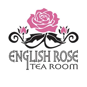 English Rose Tea Room logo featuring a pink rose and buds with ornate black leaves and text below.