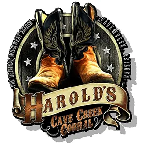 Illustration of cowboy boots with text Harold's Cave Creek Corral surrounded by stars and western motifs.
