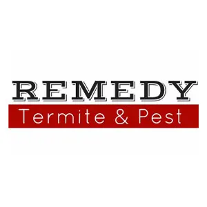 Remedy Termite & Pest logo with bold black text on top and red background for Termite & Pest below.