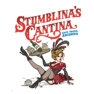 A woman dressed in burlesque fashion holds a tray with wine and cheese, under the text Stumblina's Cantina, Cave Creek, Arizona.