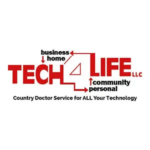 Tech4Life LLC logo with arrows indicating business, home, community, and personal. Tagline: Country Doctor Service.