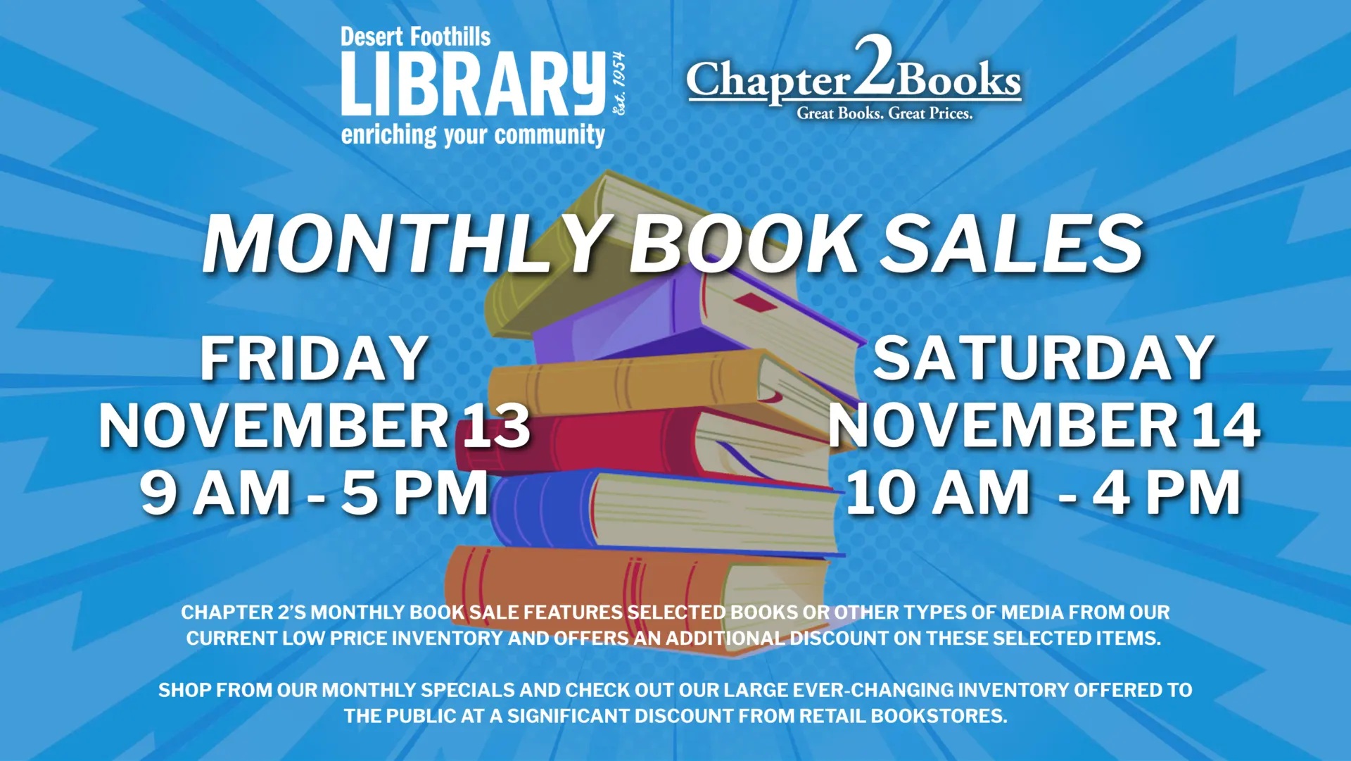 monthly used book sale at chapter 2 bookstore inside desert foothills library